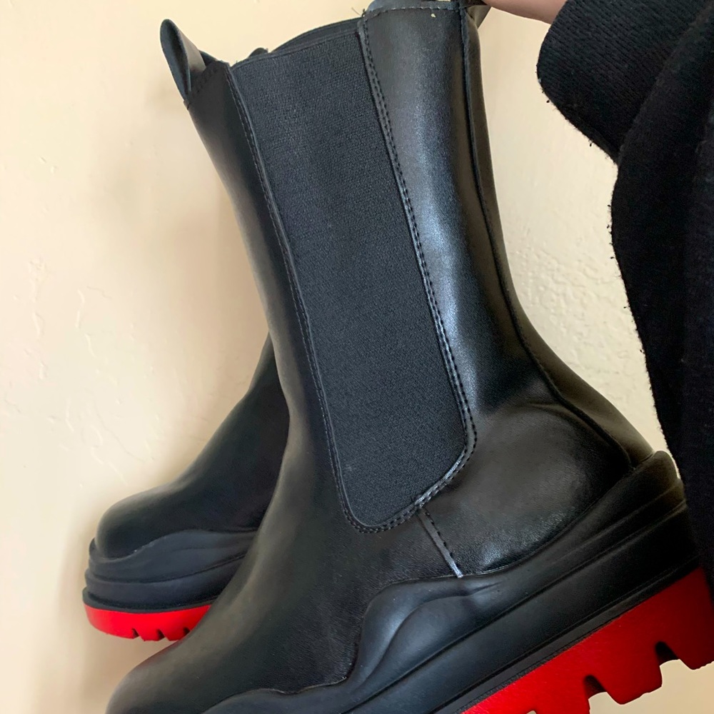 Women’s Faux Leather Black Boots with Red Soles